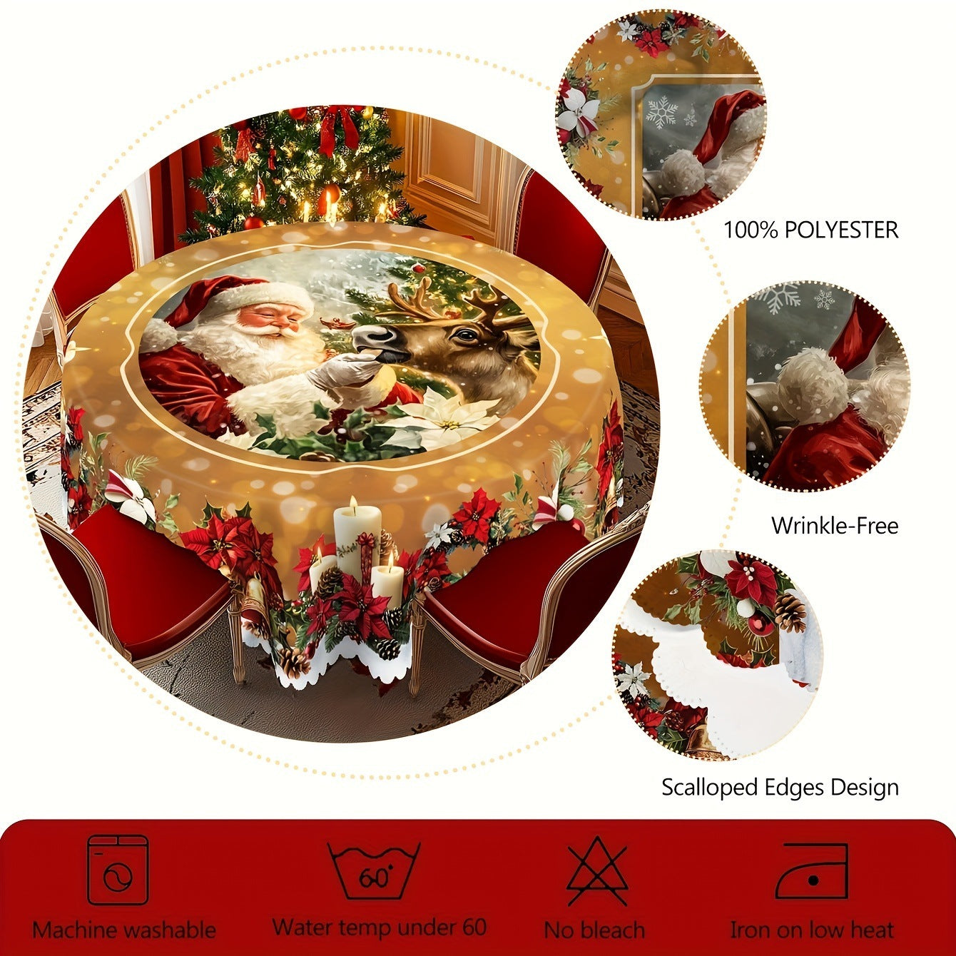 Christmas Round Tablecloth Christmas Theme With Santa Claus Table Flag
